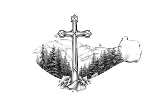 russian orthodox cross in a light forrest mountainous setting tattoo idea