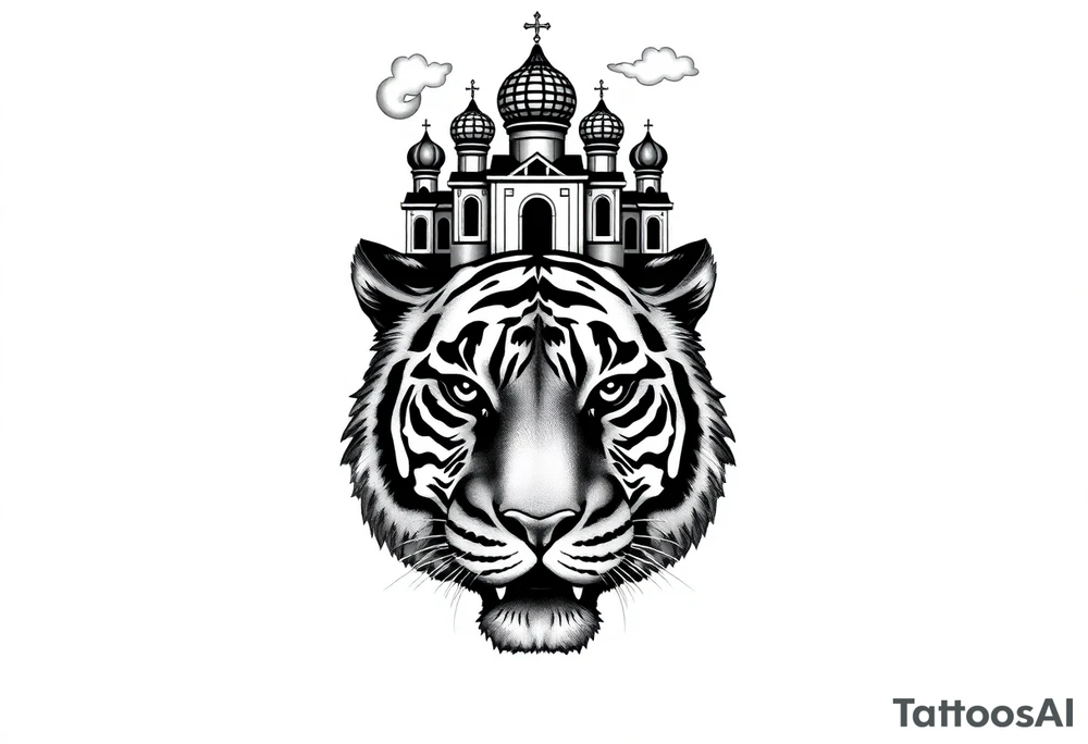 Realistic tiger face on the back of the hand with its eyes ALL black and no pupils, sitting beneath a Russian Orthodox cathedral sitting above on the top fore arm with onion domes and orthodox crosses. with clouds above and a virgin mary tattoo idea