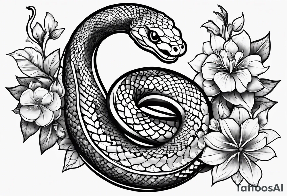 snakein the shape of an s with flowers tattoo idea