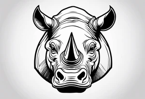 A front-facing rhino head with a sharp elongated tusk that is angry and fierce. Ears pointed straight up and forward a bit. Eyes that pierce your soul. A snarling jowel tattoo idea
