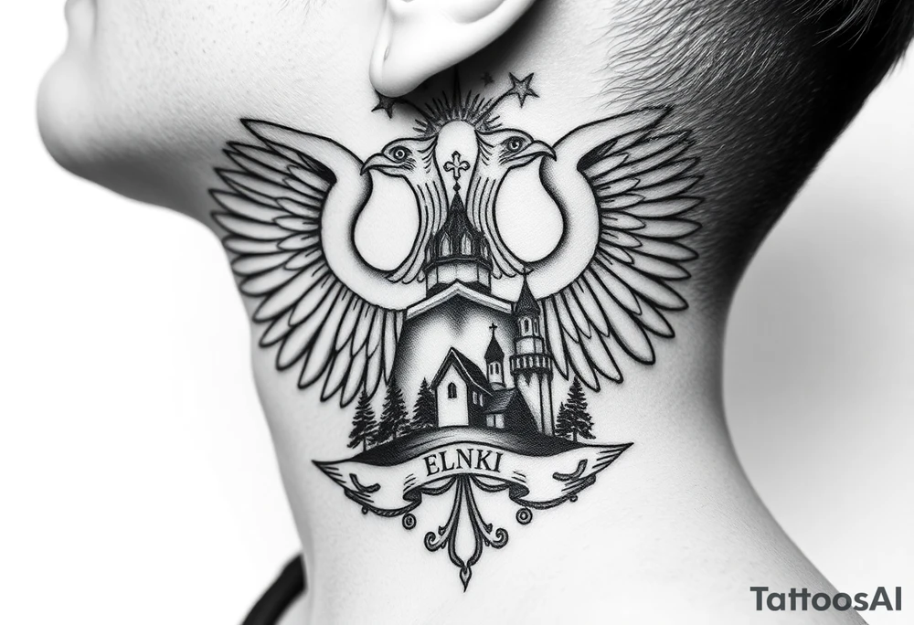 Traditional authentic Russian coat of arms with double headed eagle & a Christian orthodox virgin marry in the middle and silhouette in a Russian wilderness Christian orthodoxy dome church village setting on the side of my neck tattoo idea