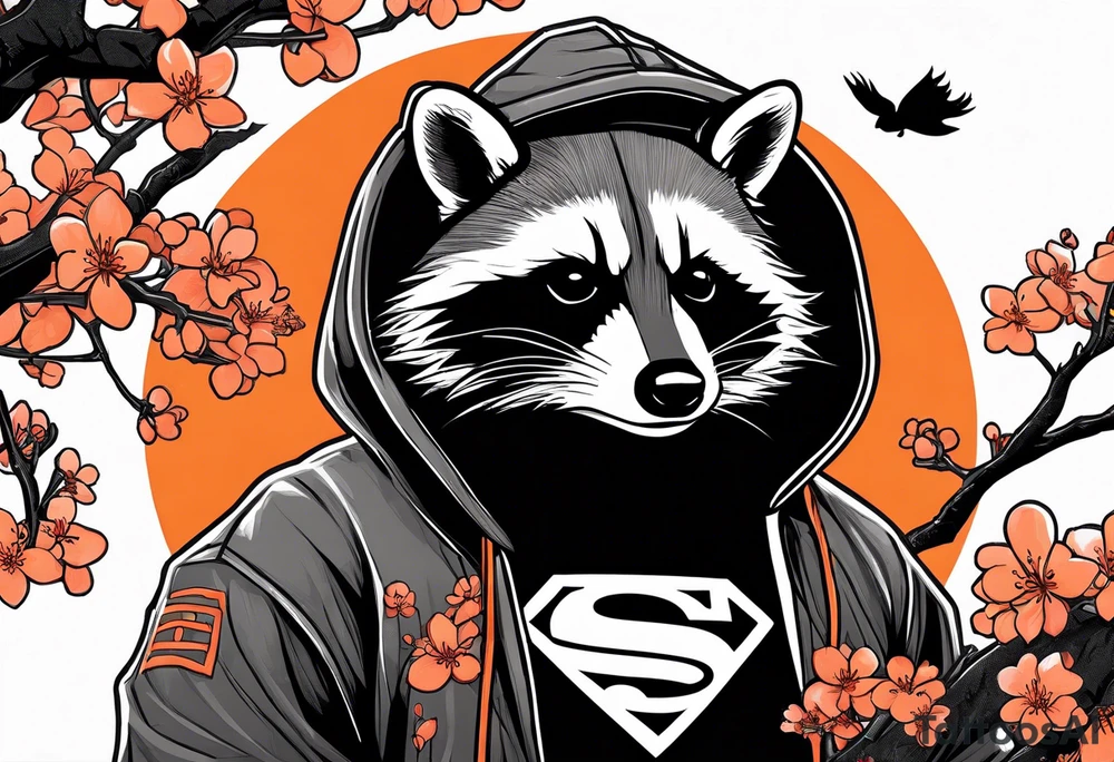Raccoon wearing a white Superman logo on a black hoodie and orange Japanese cherry blossoms tattoo idea