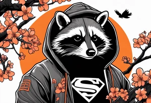 Raccoon wearing a white Superman logo on a black hoodie and orange Japanese cherry blossoms tattoo idea