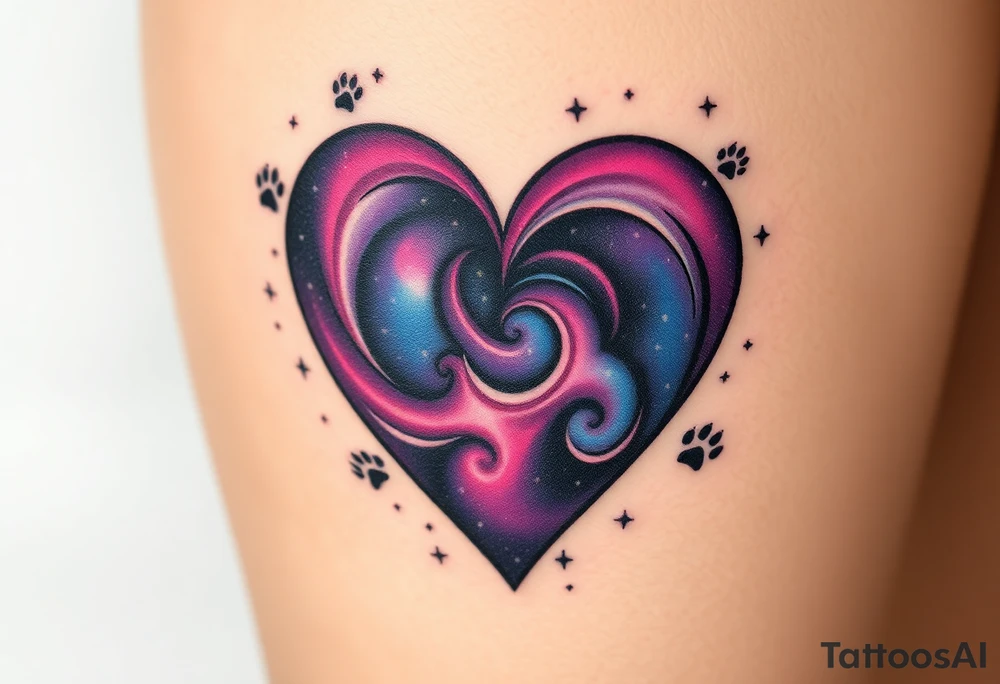 A galaxy-themed heart, filled with swirling deep purple, magenta, and navy blue, dotted with tiny white stars for a mesmerizing space feel and cat paw prints around whole heart tattoo idea