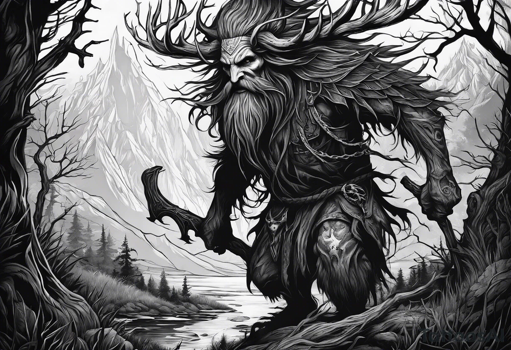 Leshy creepy looming danger skinny tattoo idea