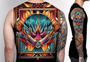 Bold geometric tapestry trident in colour on arm tattoo idea