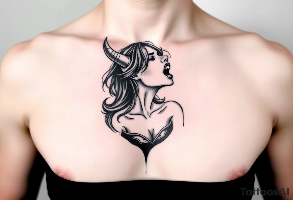 Feminine Tattoo female yelling with horns just barley touching collarbone tattoo idea