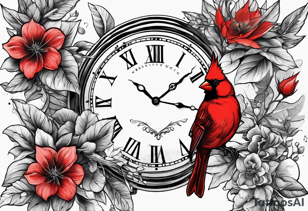 Trees, flowers, clock, red cardinal, representing growth from grief tattoo idea