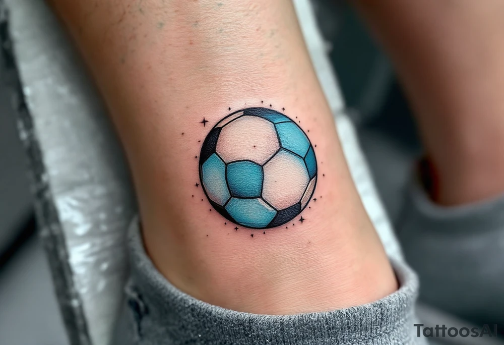 A small ankle tattoo of a pastel blue soccer ball with sparkles around it for a playful look. tattoo idea