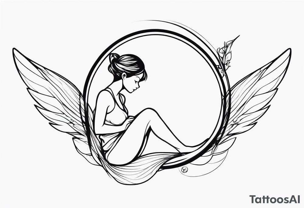 Minimalistic, monochromatic fairy with a tail flying to the left in a fetal position, leaning and looking in the same direction, with visible hands, embodying the 'Fairy Tail' logo aesthetic. tattoo idea