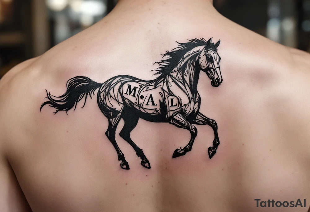 horse silhouette 
from the front which gallops from the front, with the 3 small letters discreetly integrated: M, A, L tattoo idea