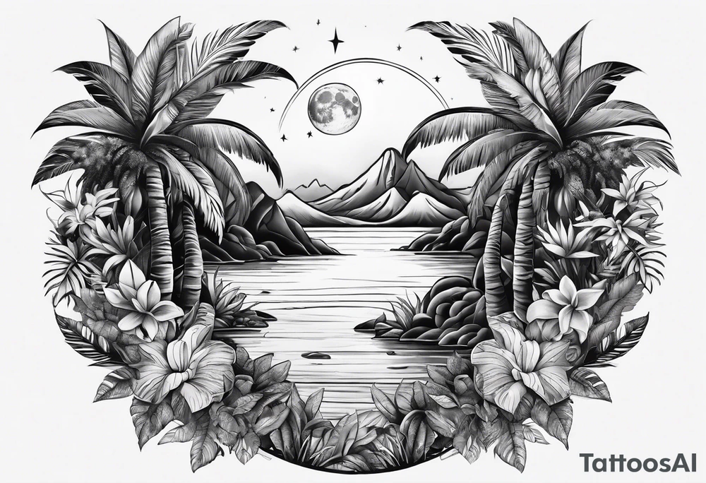 full sleeve tattoo with jungle plants, ocean, moon, stars, tattoo idea