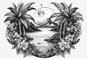 full sleeve tattoo with jungle plants, ocean, moon, stars, tattoo idea
