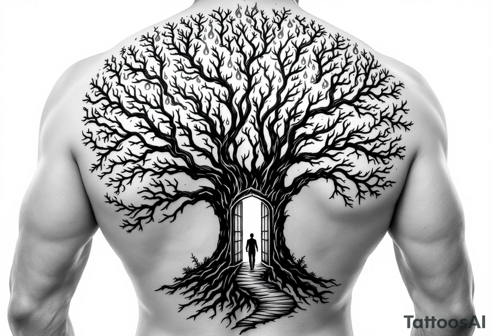 Back tattoo of a big tree with a door and a man walking through the door. On the left draw some fire clouds connecting to the tree, make it a lot. On the right side draw some lines on a treasure map connecting to the tree. Keep the tree in the middle! tattoo idea