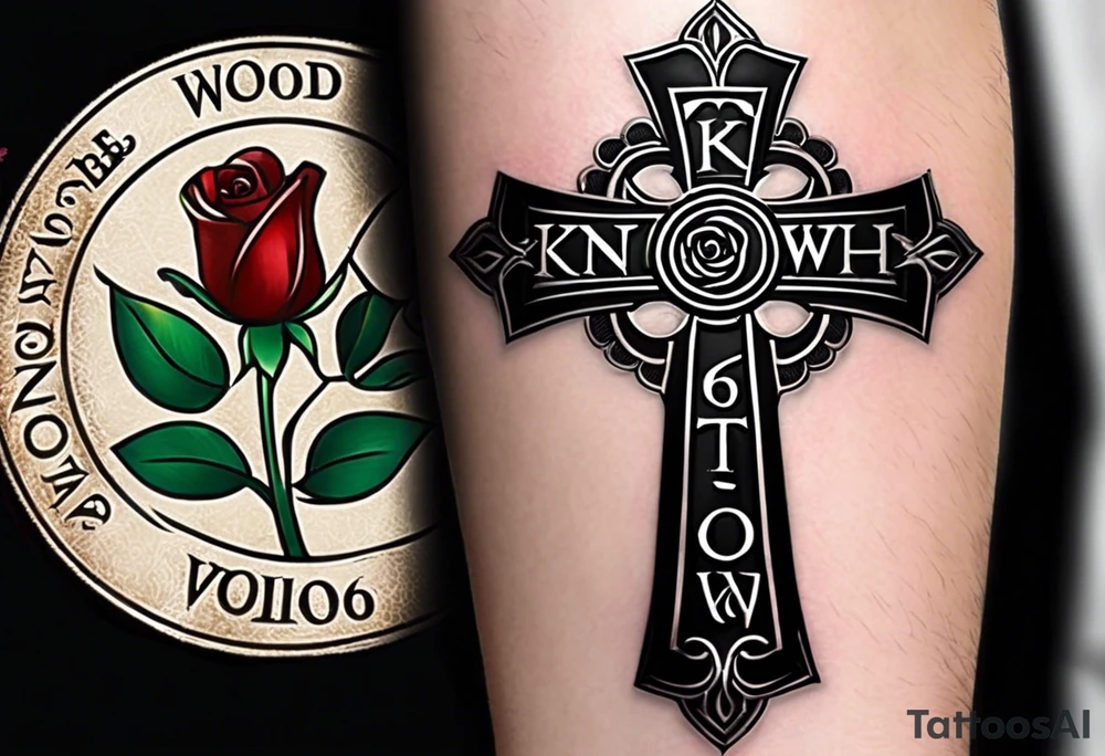 Cross that in the middle of it says “know your worth as well” and under it I would like my dads birthday the 30th of August 1966 and under that a rose and i would like it on my forearm and it must not be too big and there must be no color tattoo idea