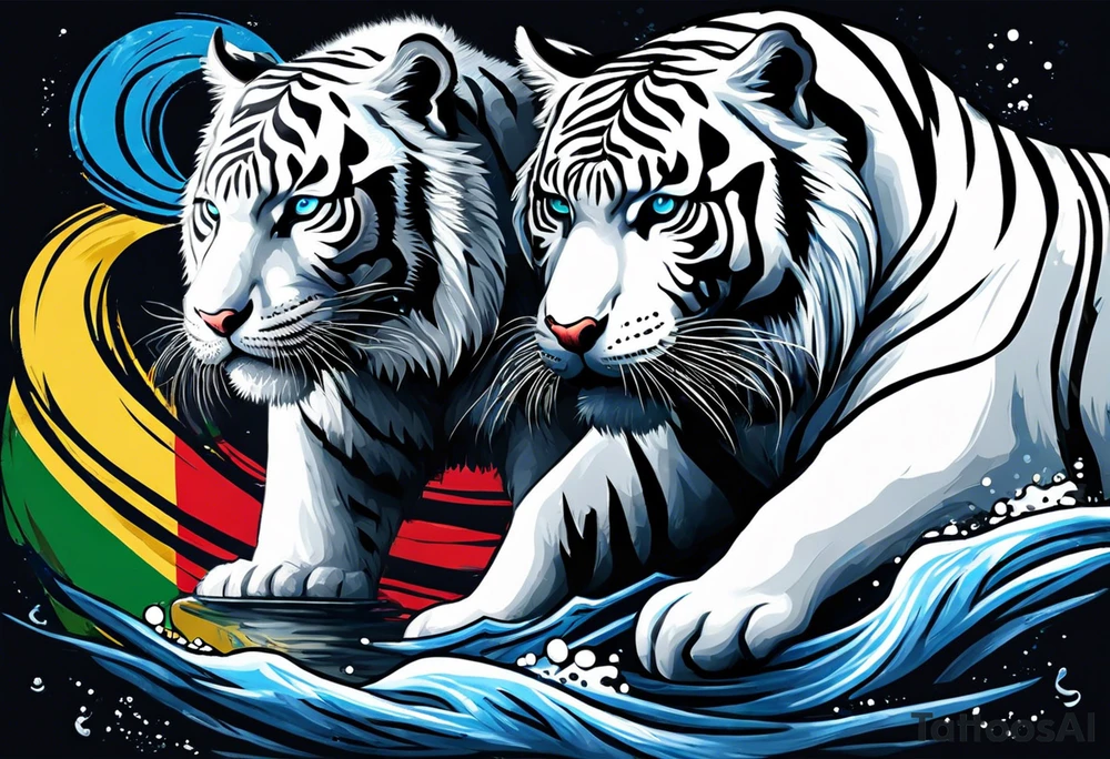 A white tiger and black tiger on opposite sides of a waterfall with an calligraphy ink container at the top and the Bahamian and Jamaican flag on opposite sides tattoo idea