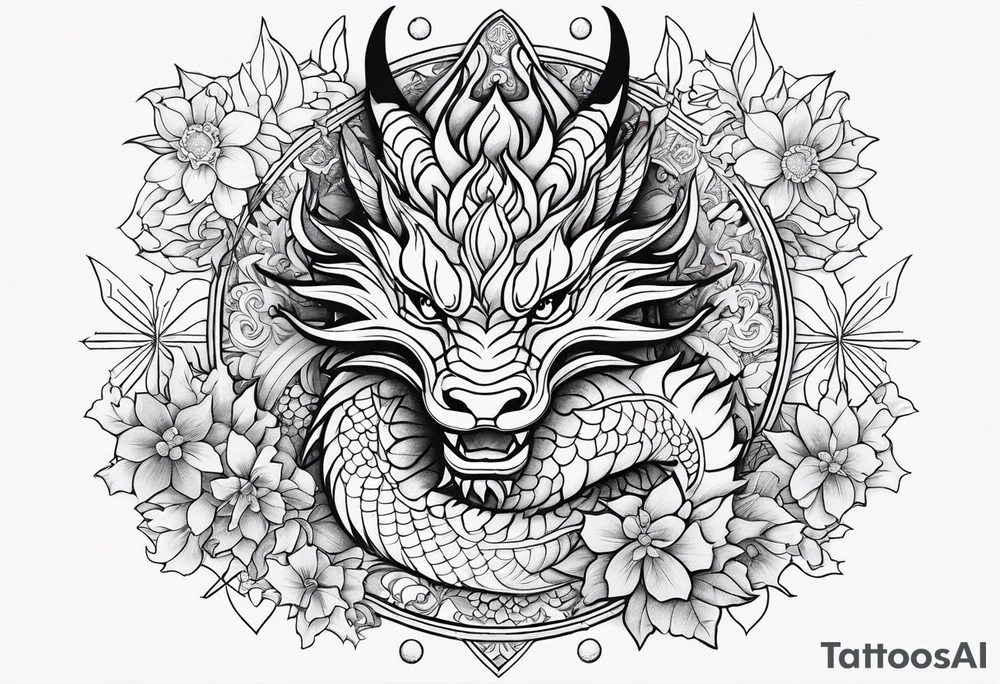 japanese dragon cute , celestial, cross, snowflake tattoo idea