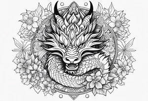japanese dragon cute , celestial, cross, snowflake tattoo idea