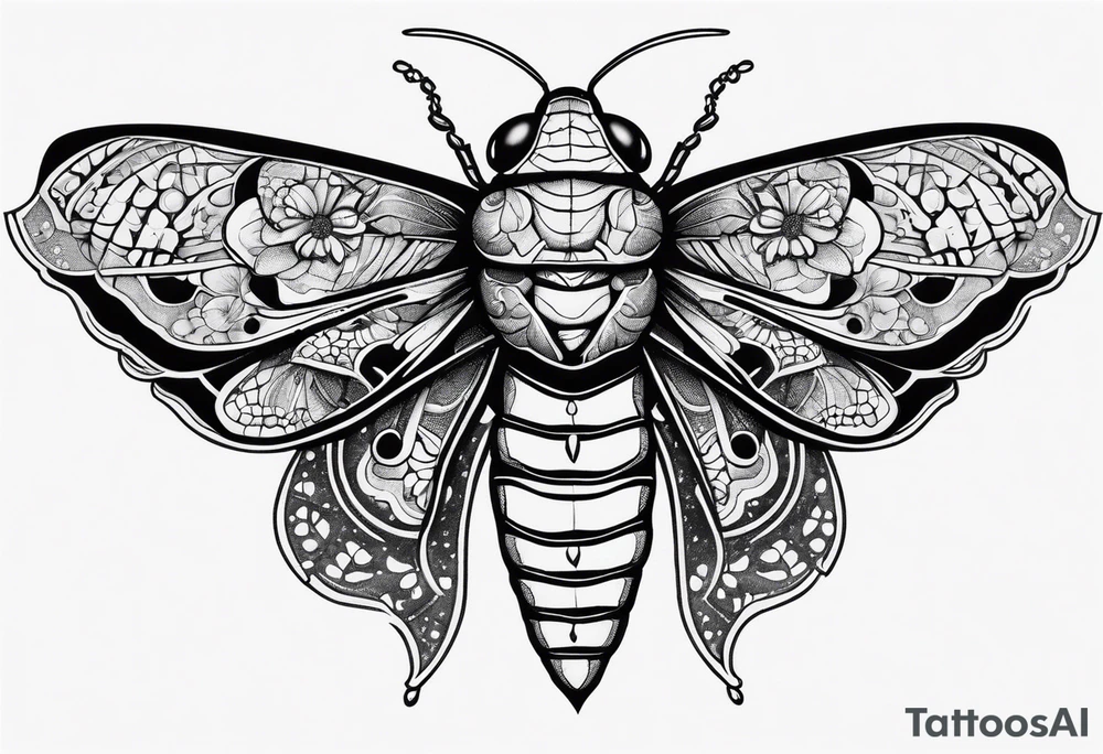 Cicada stippled and shaded with skulls on top and bottom tattoo idea
