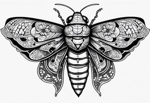 Cicada stippled and shaded with skulls on top and bottom tattoo idea