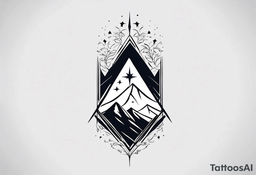 complete upper arm sleeve. Feature three mountain peaks, each topped with a simple star from a court of thorns and roses. Emphasize crossed swords, integrating with abstract, feather-like patterns that evoke the Valkyrie spirit like nesta from a court of silver flames. Keep the design in clean, simple lines. tattoo idea