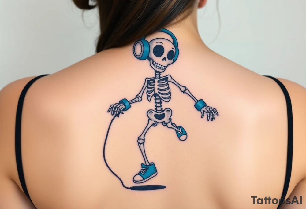 Cute smiling skeleton jumping on a jump rope with blue headphone and blue tennis shoes and blue armbands with nice  music notes on the headphones tattoo idea