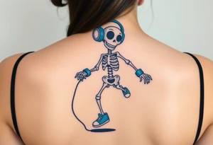 Cute smiling skeleton jumping on a jump rope with blue headphone and blue tennis shoes and blue armbands with nice  music notes on the headphones tattoo idea