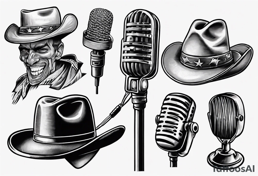 old school broadcast microphone with a cowboy hat on top of it. tattoo idea