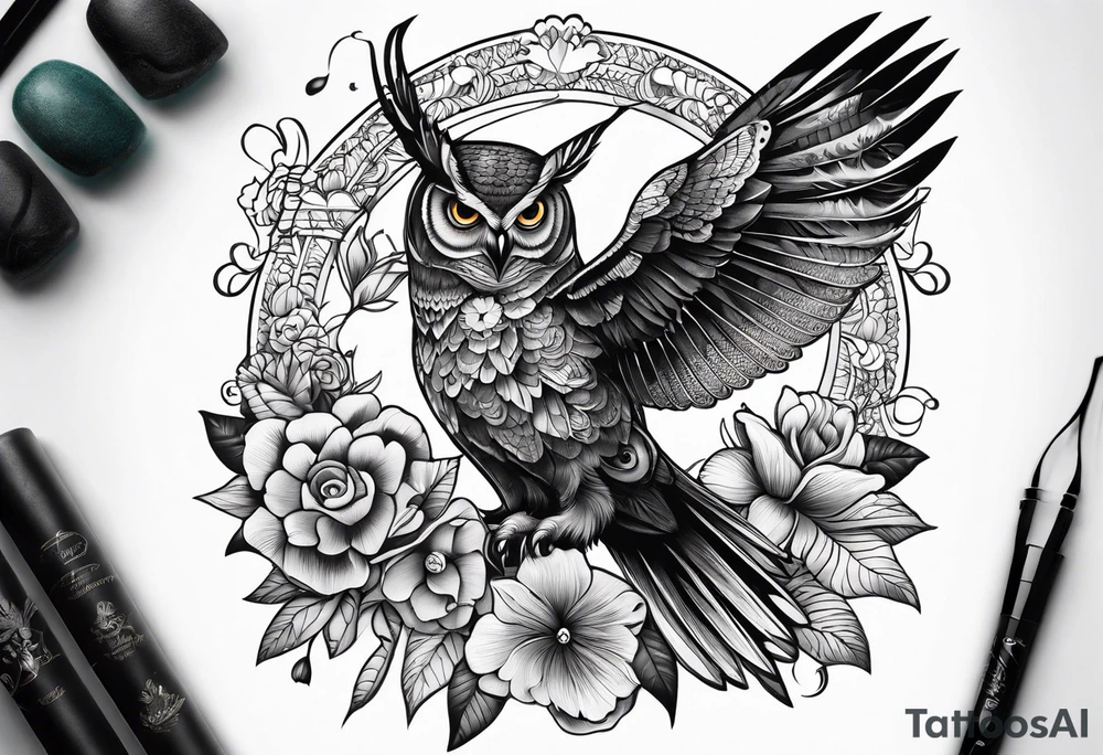 half-sleeve with flowers, an owl, and a hummingbird, all made of lace. tattoo idea