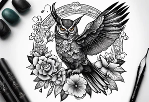 half-sleeve with flowers, an owl, and a hummingbird, all made of lace. tattoo idea