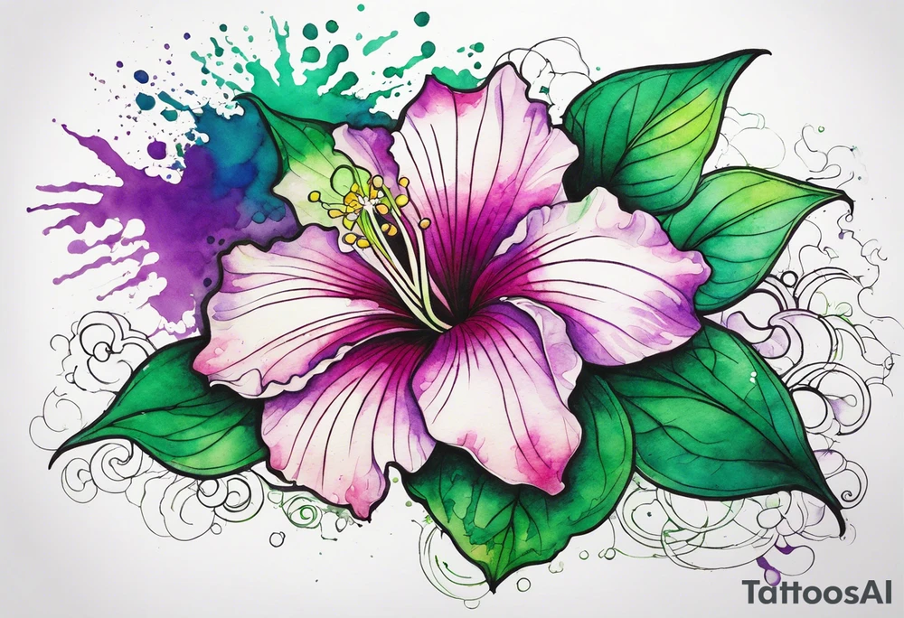 An outline of an only green rio dipladenia flower and a green and purple watercolor splash in the background tattoo idea