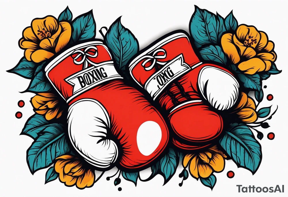 boxing gloves and flowers around the gloves  bold colors traditional old school vintage tattoo idea