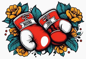 boxing gloves and flowers around the gloves  bold colors traditional old school vintage tattoo idea