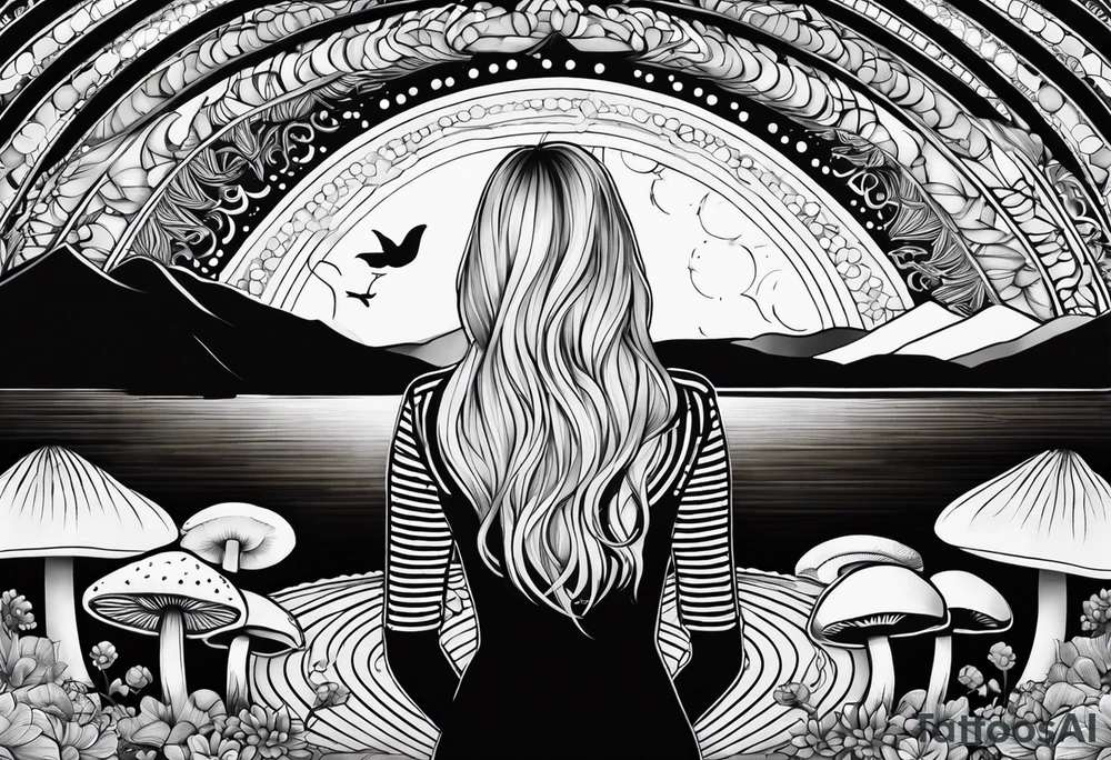 Straight blonde hair girl facing away toward mountains surrounded by mushrooms crescent moon mandala circular design black and white striped dress tattoo idea
