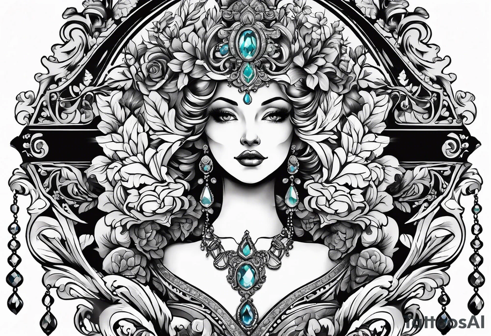 baroque vector on my neck going down & across my shoulders with a gem in the middle of my neck tattoo idea