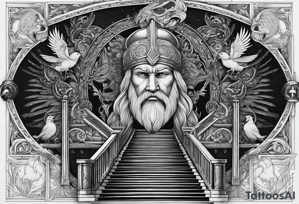 a stairway to heaven with a big face of  the god Odin as a human at its end. On the side of the stair is a pack ow wolves. Also add in a a pair of doves and two ravens tattoo idea