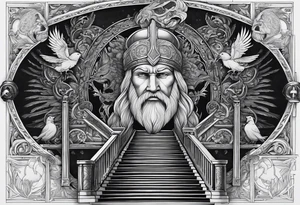 a stairway to heaven with a big face of  the god Odin as a human at its end. On the side of the stair is a pack ow wolves. Also add in a a pair of doves and two ravens tattoo idea