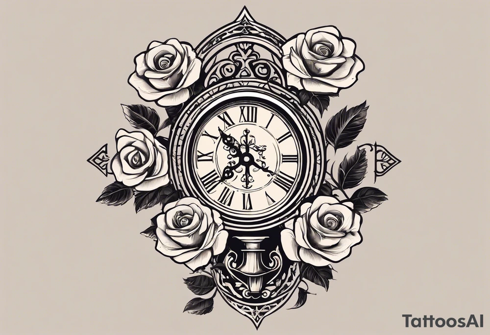 I want a tattoo-inspired design for a t-shirt that features a striking hourglass with a hand clock in the center, where the clock numbers are Amazigh numerals. The hourglass should have a bold, detailed look, with sharp lines and shading. Thorny roses should wrap tightly around the hourglass, with their vines and thorns creating a sense of depth and movement. Planets and stars should be incorporated in a way that they appear to orbit or emerge from behind the hourglass, giving the design a cosmic, timeless feel. The overall aesthetic should be bold and detailed, similar to blackwork tattoo designs, with a mix of natural and celestial elements."
black and whit design tattoo idea