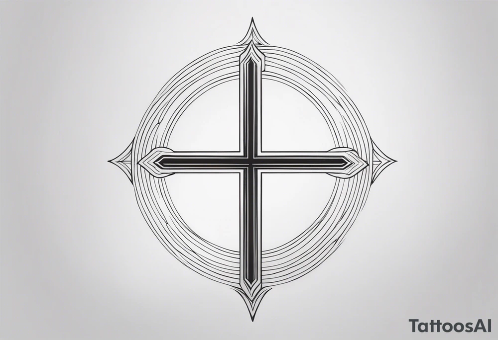 Minimalist Tattoo: A refined cross with a soft halo on top of it, symbolizing light and spirituality. Delicate rays extend outward from the halo, adding a subtle glow and depth. The cross itself is simple and elegant, with potential for small, intricate line details within the design. Style: Minimalist. tattoo idea
