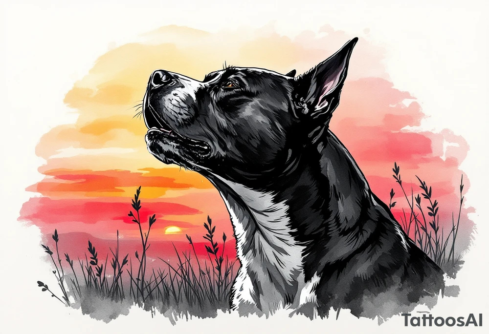 Pitbull howling in front of a sunset, silhouette-style with black fur outlines, warm orange, red, and pink sky blending in the background for a serene yet powerful effect. tattoo idea