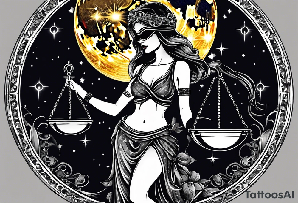 Beautiful woman blindfolded holding the libra scales, in the background is the libra constellation with a halfmoon surrounding half of the woman. The scales hang from the bottom of the half moon. Vibrant colors intensify the picture tattoo idea