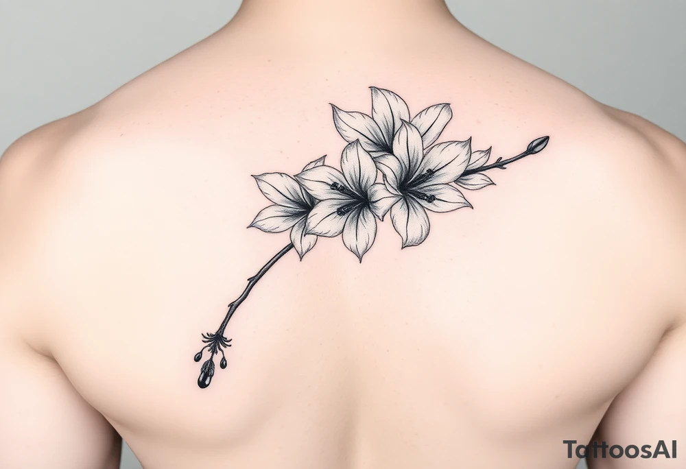 jacaranda flowers from a long branch with lace drop embellishment feminine tattoo idea