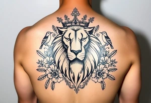powerful majestic lion with a crown, surrounded by floral ornaments and birds tattoo idea