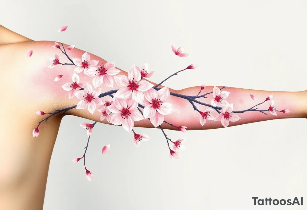 delicate cherry blossoms swirling in spring breeze with petals tattoo idea