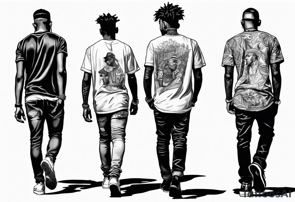 3 young black brothers walking away together  you can see their full bodies and one is looking to the side showing the side of his face tattoo idea