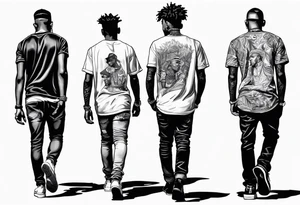 3 young black brothers walking away together  you can see their full bodies and one is looking to the side showing the side of his face tattoo idea