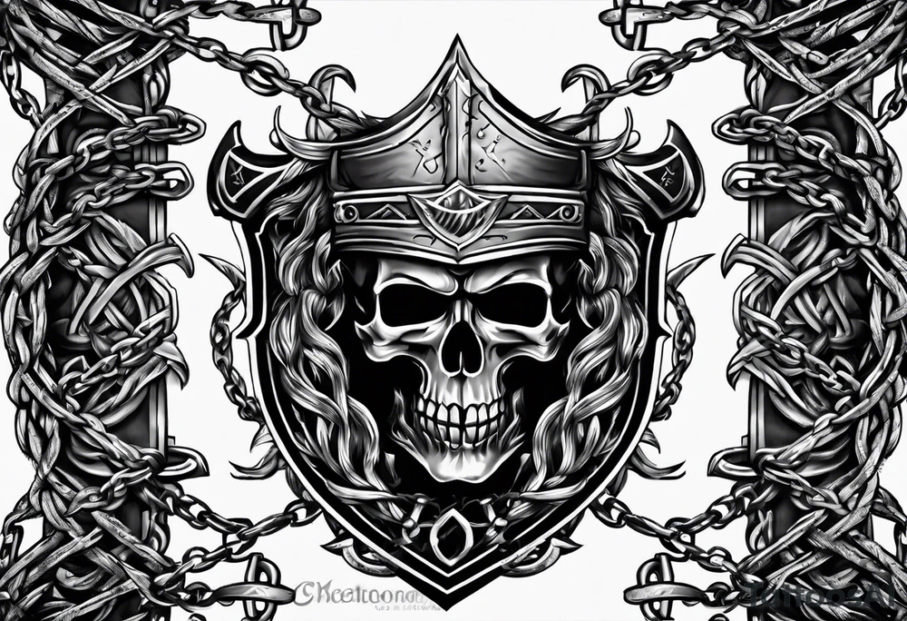 Valhalla sword shield axe barbed wire chains dark cloud tattoo idea