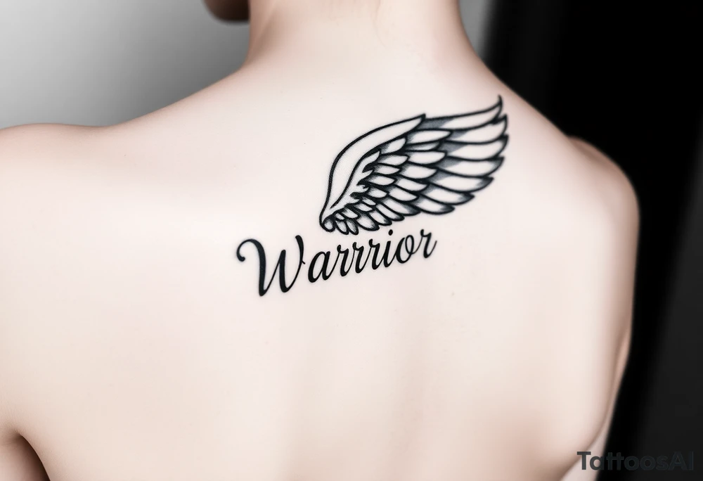 beautiful vibrant single angel wing with word "Warrior" tattoo idea