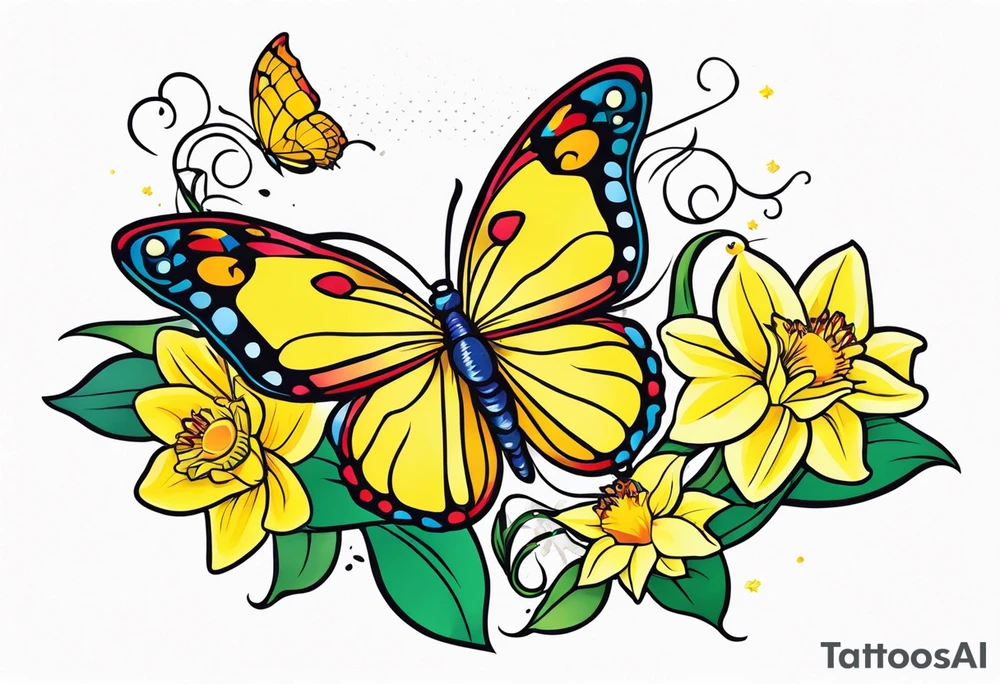 Butterfly, star and daffodils and morning glory tattoo idea