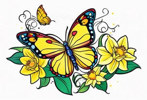 Butterfly, star and daffodils and morning glory tattoo idea